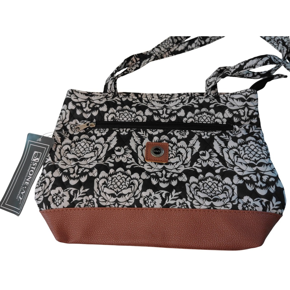 Stone Mountain NY Quilted Tote Bag Black White Floral Damask Leather Trim NWT